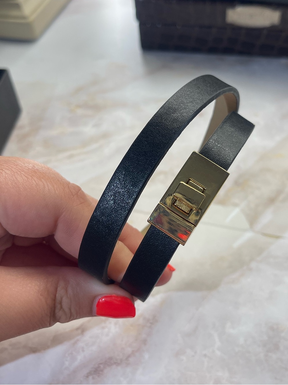 Black Leather Double-Wrap Bracelet with Gold Clasp